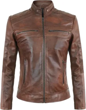 Women's Cafe Racer Motorcycle Slim Fit Biker Black Real Lambskin Leather Jacket