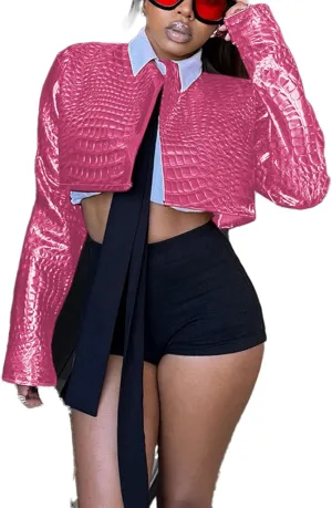 Women's Cropped Faux Leather Jacket Casual Long Sleeve Crewneck Open Front Short Coat Fall 2024 Fashion