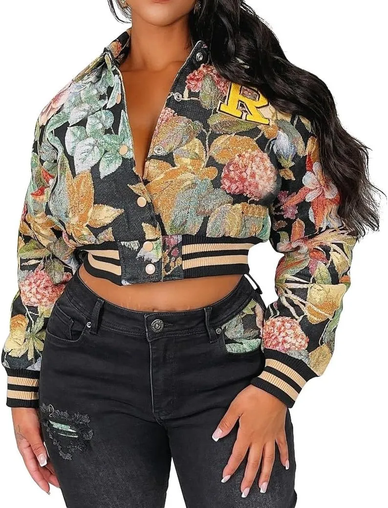 Women's Cropped Floral Print Bomber Jacket Casual Button Down Coats Outerwears