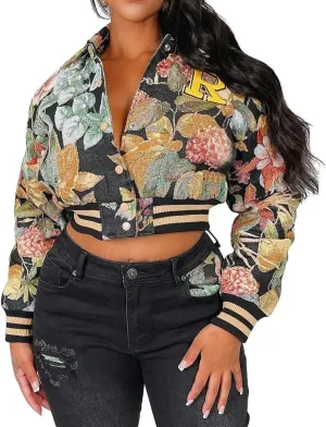 Women's Cropped Floral Print Bomber Jacket Casual Button Down Coats Outerwears