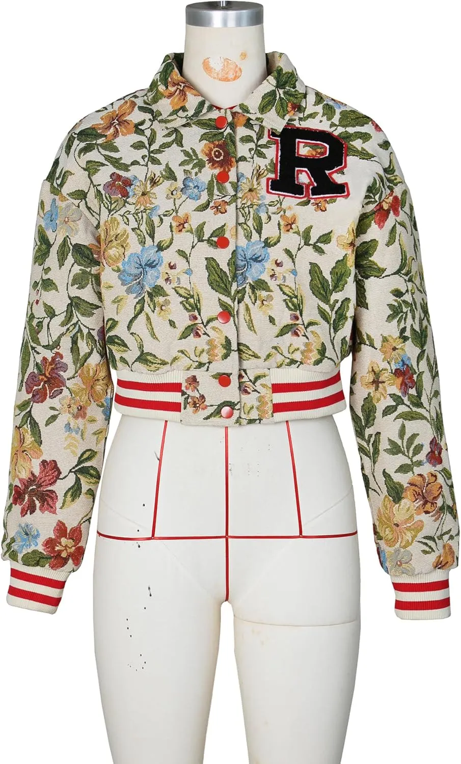Women's Cropped Floral Print Bomber Jacket Casual Button Down Coats Outerwears