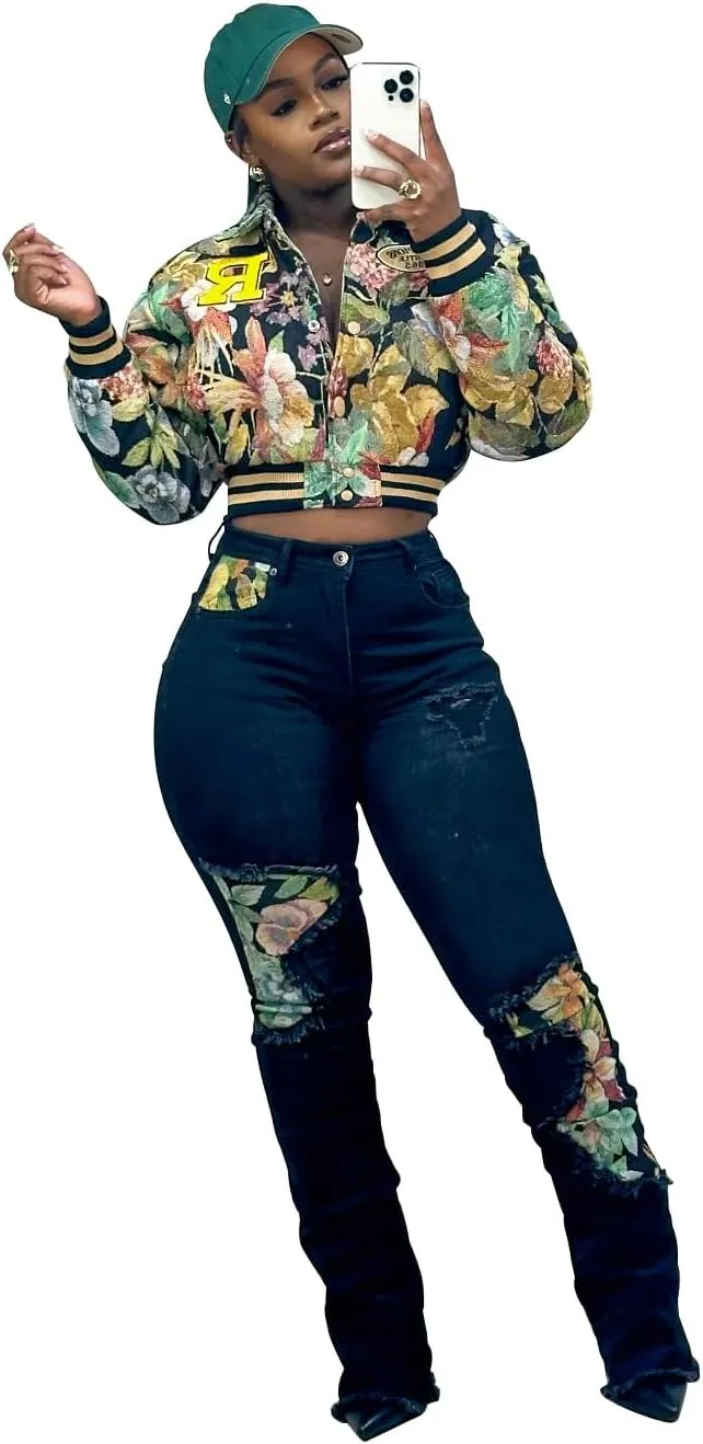 Women's Cropped Floral Print Bomber Jacket Casual Button Down Coats Outerwears