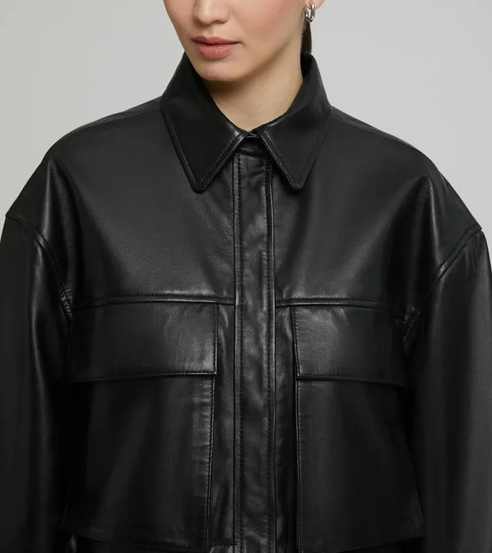 Womens Cropped Leather Jacket - Lightweight Casual Long Sleeve Crop Jackets Coat Tops for Women
