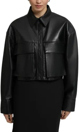 Womens Cropped Leather Jacket - Lightweight Casual Long Sleeve Crop Jackets Coat Tops for Women