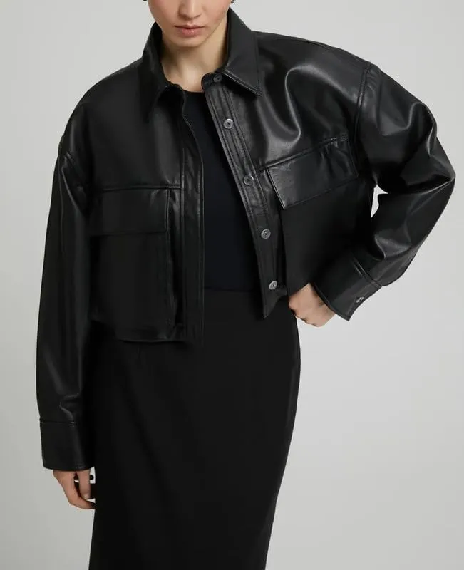 Womens Cropped Leather Jacket - Lightweight Casual Long Sleeve Crop Jackets Coat Tops for Women