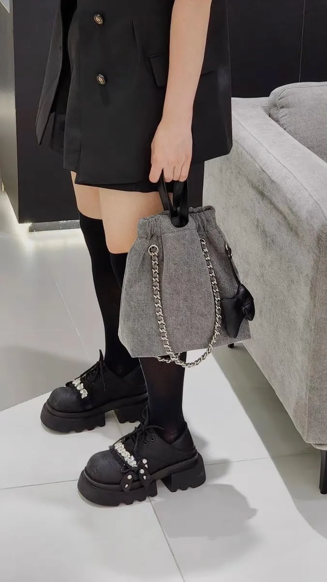 Women's Denim Totes Chain Bucket Bag Shoulder Crossbody Underarm Bag Purse Large Capacity Versatile Chic Casual Drawstring
