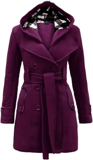 Womens Double Breasted Trench Coat Classic Lapel Belt Peacoat Fall Winter Warm Overcoat Outerwear with Hood