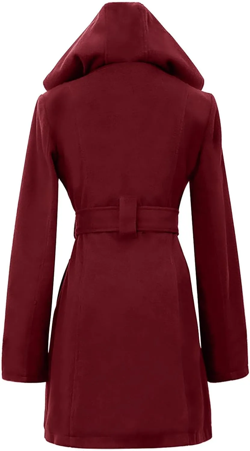 Womens Double Breasted Trench Coat Classic Lapel Belt Peacoat Fall Winter Warm Overcoat Outerwear with Hood