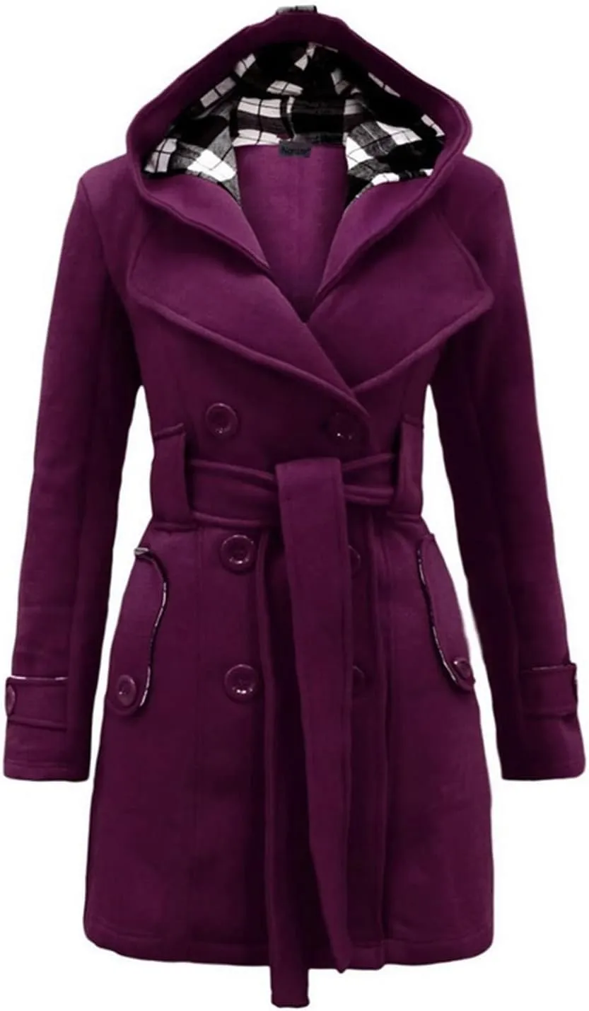 Womens Double Breasted Trench Coat Classic Lapel Belt Peacoat Fall Winter Warm Overcoat Outerwear with Hood