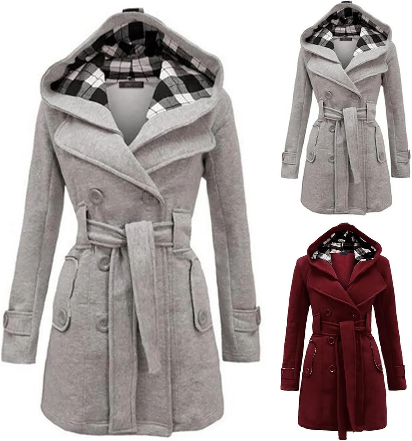 Womens Double Breasted Trench Coat Classic Lapel Belt Peacoat Fall Winter Warm Overcoat Outerwear with Hood