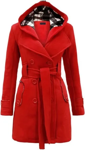 Womens Double Breasted Trench Coat Classic Lapel Belt Peacoat Fall Winter Warm Overcoat Outerwear with Hood