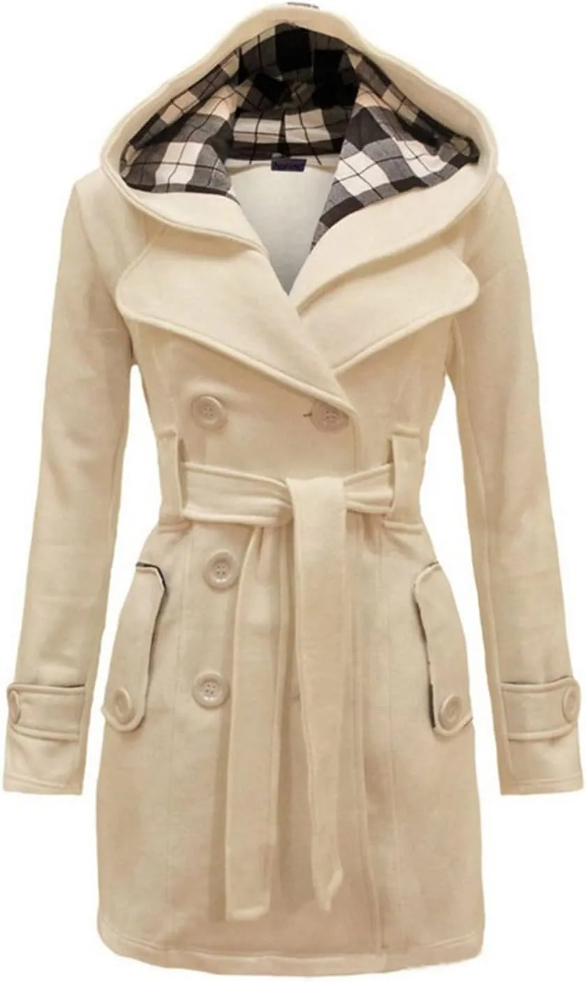 Womens Double Breasted Trench Coat Classic Lapel Belt Peacoat Fall Winter Warm Overcoat Outerwear with Hood
