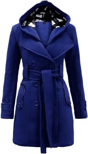 Womens Double Breasted Trench Coat Classic Lapel Belt Peacoat Fall Winter Warm Overcoat Outerwear with Hood