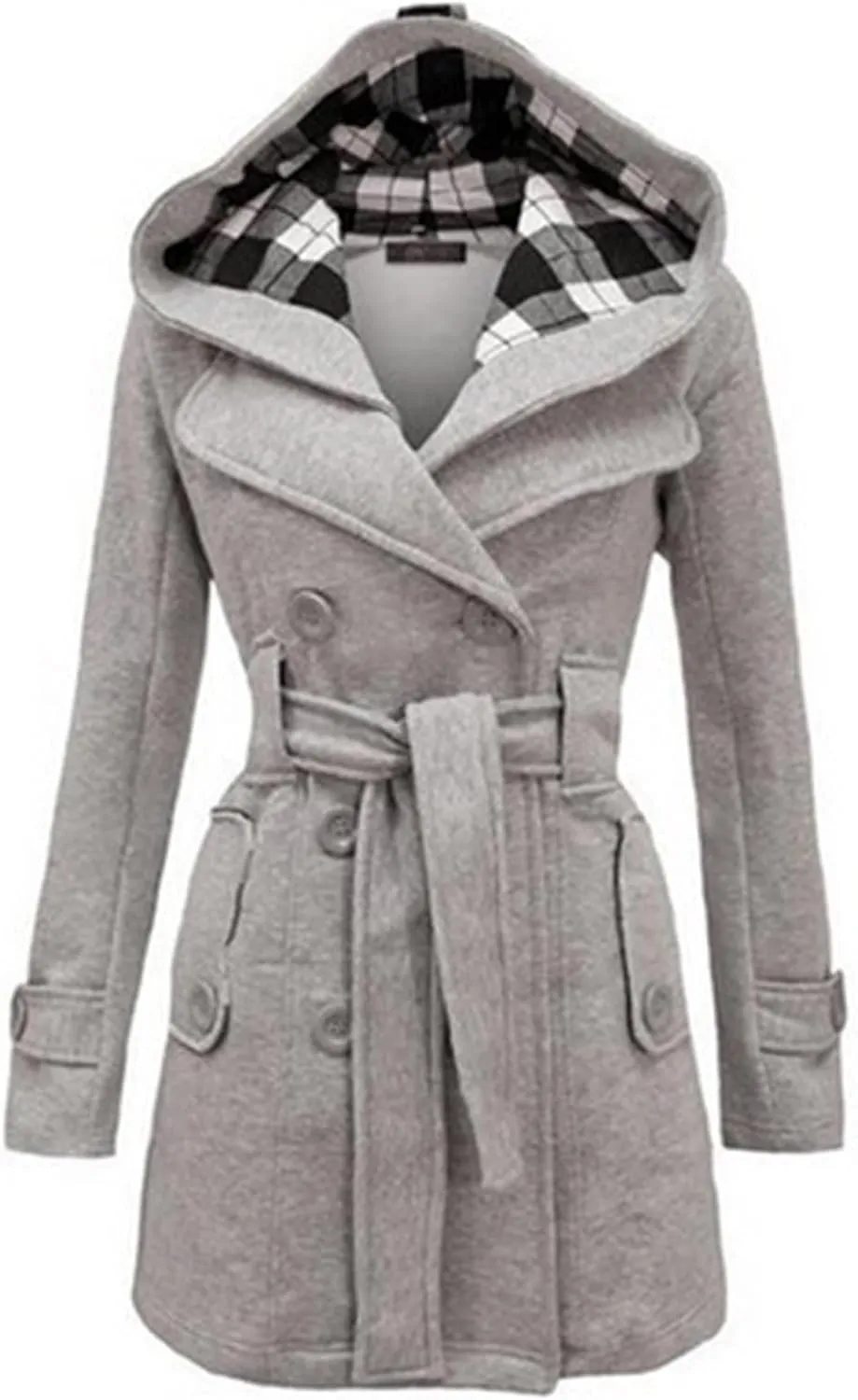Womens Double Breasted Trench Coat Classic Lapel Belt Peacoat Fall Winter Warm Overcoat Outerwear with Hood
