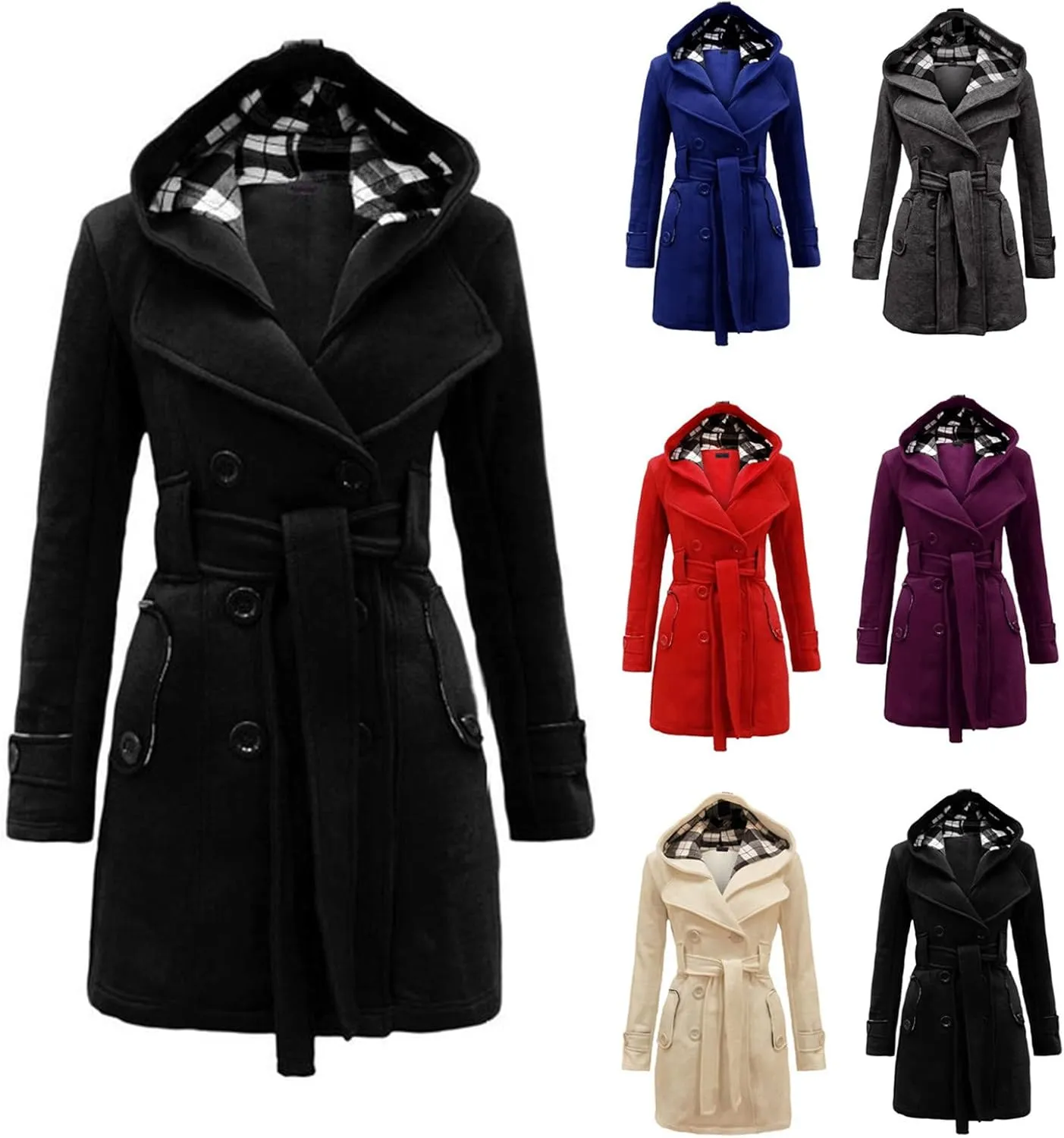 Womens Double Breasted Trench Coat Classic Lapel Belt Peacoat Fall Winter Warm Overcoat Outerwear with Hood