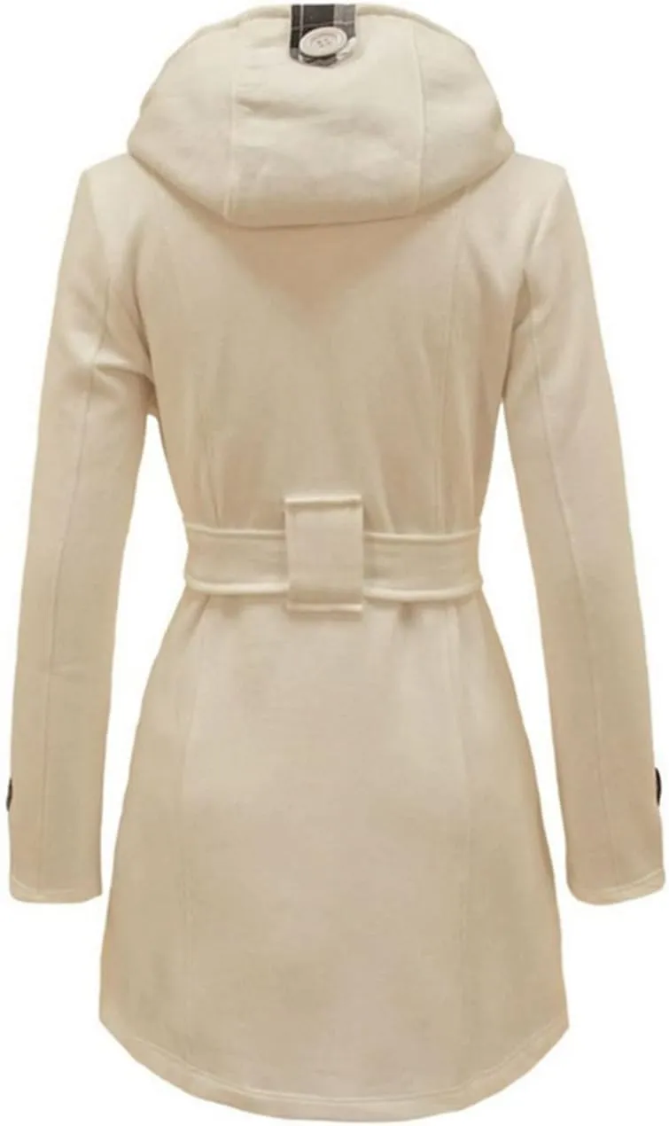 Womens Double Breasted Trench Coat Classic Lapel Belt Peacoat Fall Winter Warm Overcoat Outerwear with Hood
