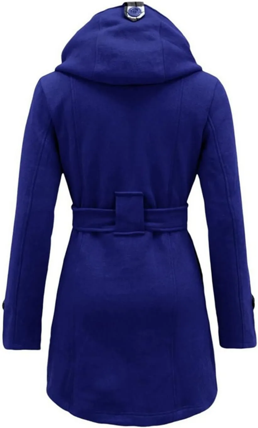 Womens Double Breasted Trench Coat Classic Lapel Belt Peacoat Fall Winter Warm Overcoat Outerwear with Hood