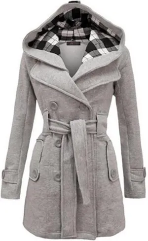 Womens Double Breasted Trench Coat Classic Lapel Belt Peacoat Fall Winter Warm Overcoat Outerwear with Hood