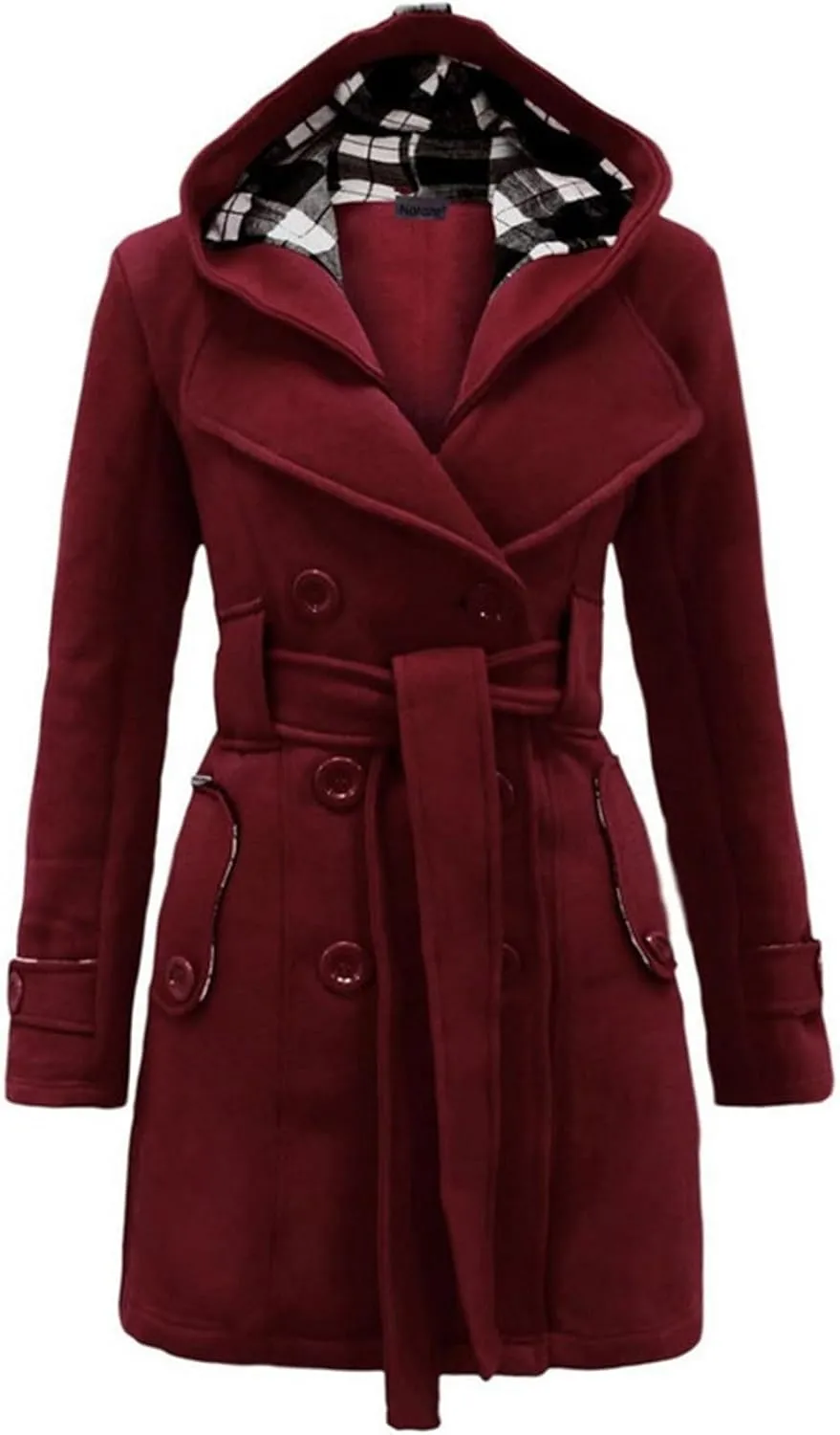 Womens Double Breasted Trench Coat Classic Lapel Belt Peacoat Fall Winter Warm Overcoat Outerwear with Hood