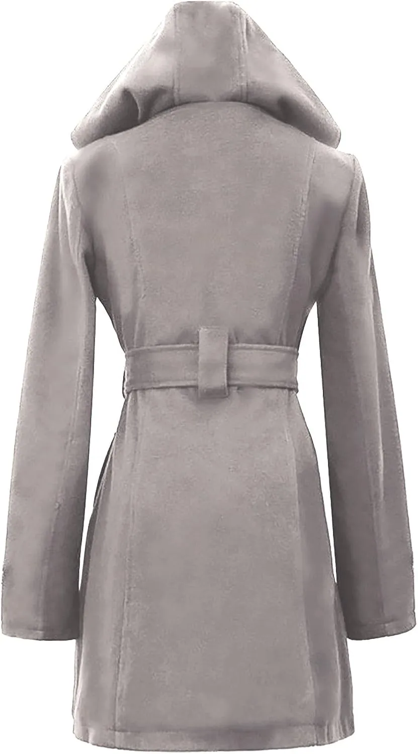 Womens Double Breasted Trench Coat Classic Lapel Belt Peacoat Fall Winter Warm Overcoat Outerwear with Hood