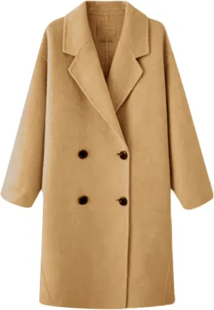 Women's Elegant Double-Breasted Pea Coats Lapel Collar Trench Coat Winter Long Overcoat Outerwear