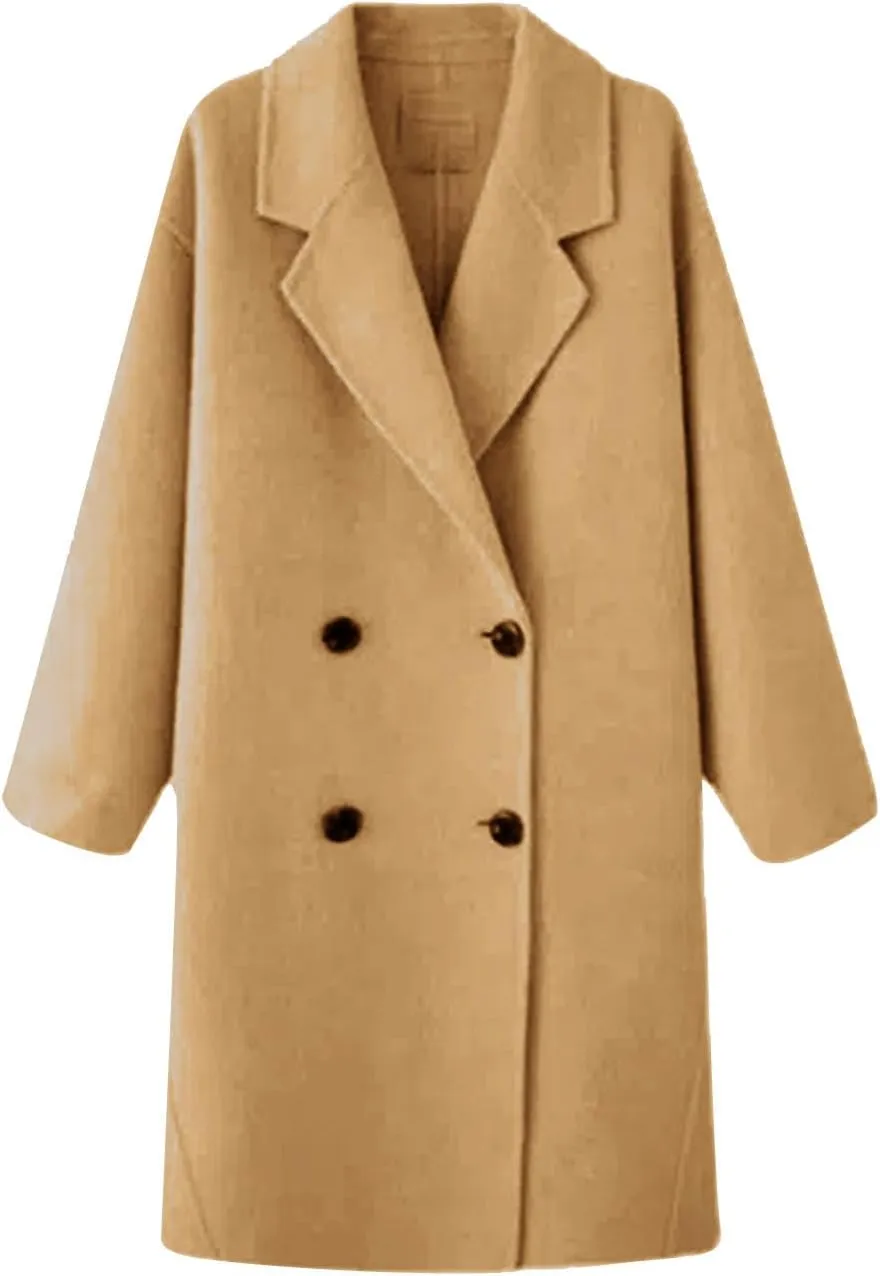 Women's Elegant Double-Breasted Pea Coats Lapel Collar Trench Coat Winter Long Overcoat Outerwear