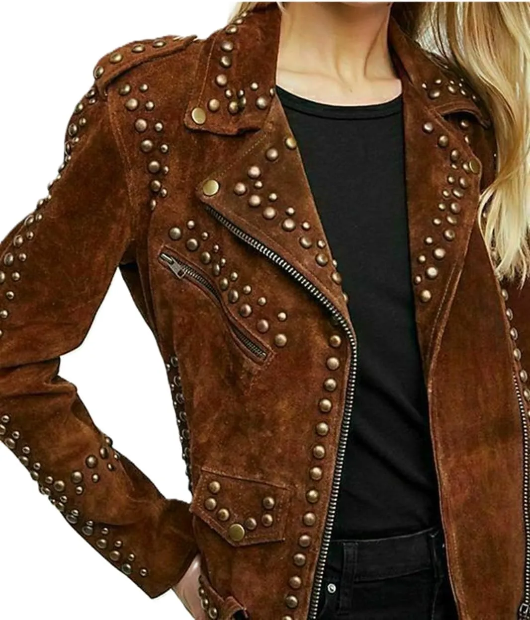 Women's Genuine Suede Leather Western Fashion Studded Jacket Brown Vintage Retro Style Jacket