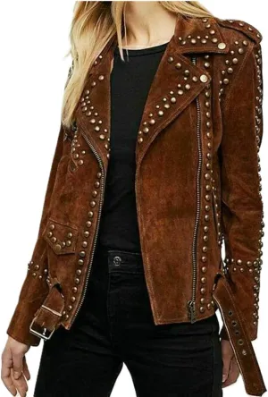 Women's Genuine Suede Leather Western Fashion Studded Jacket Brown Vintage Retro Style Jacket