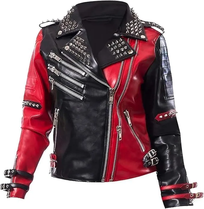 Womens Harley Quinn Biker Studded Red Black Motorcycle Costume Leather Jacket
