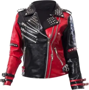 Womens Harley Quinn Biker Studded Red Black Motorcycle Costume Leather Jacket