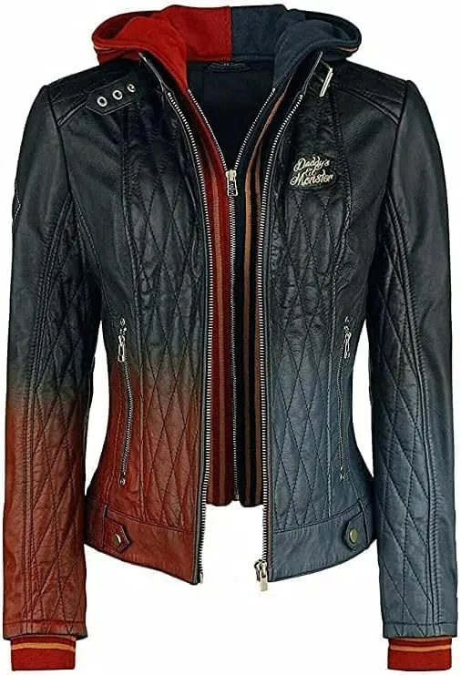 Womens Harley Quinn Daddys Lil Monster Quilted Leather Jacket
