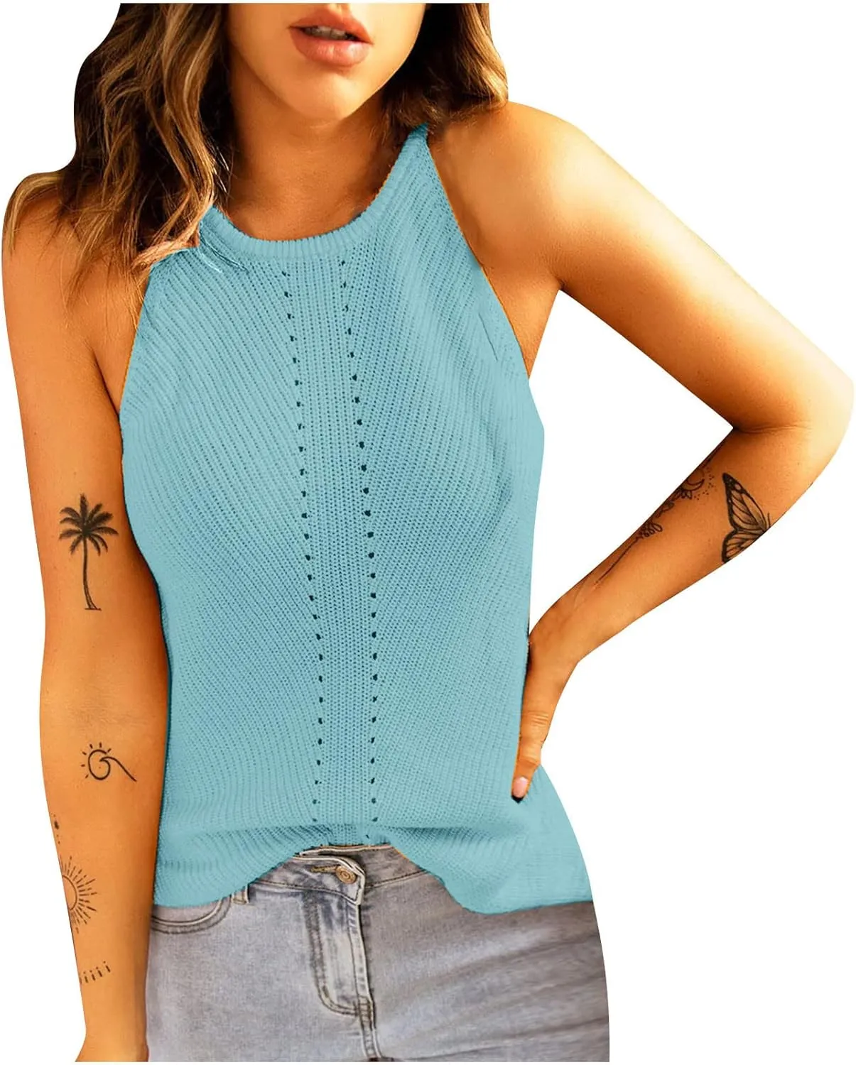 Womens Knitted Eyelet Tank Tops - Sleeveless Loose Fit Blouse Crew Neck Casual Camisole Summer Trendy Fashion Clothes