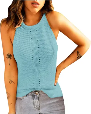 Womens Knitted Eyelet Tank Tops - Sleeveless Loose Fit Blouse Crew Neck Casual Camisole Summer Trendy Fashion Clothes