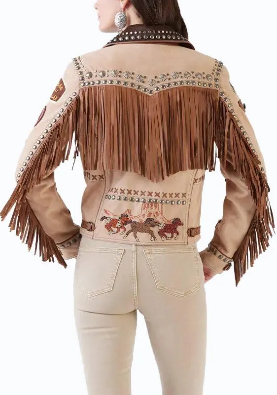 Women's Lainey Wilson Music Award Show Studded Leather Jacket - Native American Western Cowgirl Fringed Leather Jacket