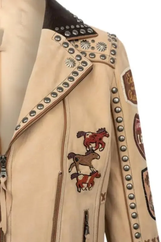 Women's Lainey Wilson Music Award Show Studded Leather Jacket - Native American Western Cowgirl Fringed Leather Jacket