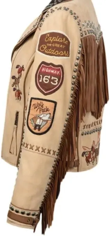 Women's Lainey Wilson Music Award Show Studded Leather Jacket - Native American Western Cowgirl Fringed Leather Jacket