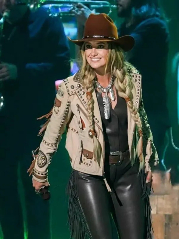 Women's Lainey Wilson Music Award Show Studded Leather Jacket - Native American Western Cowgirl Fringed Leather Jacket