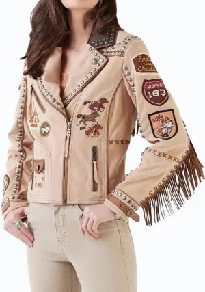 Women's Lainey Wilson Music Award Show Studded Leather Jacket - Native American Western Cowgirl Fringed Leather Jacket