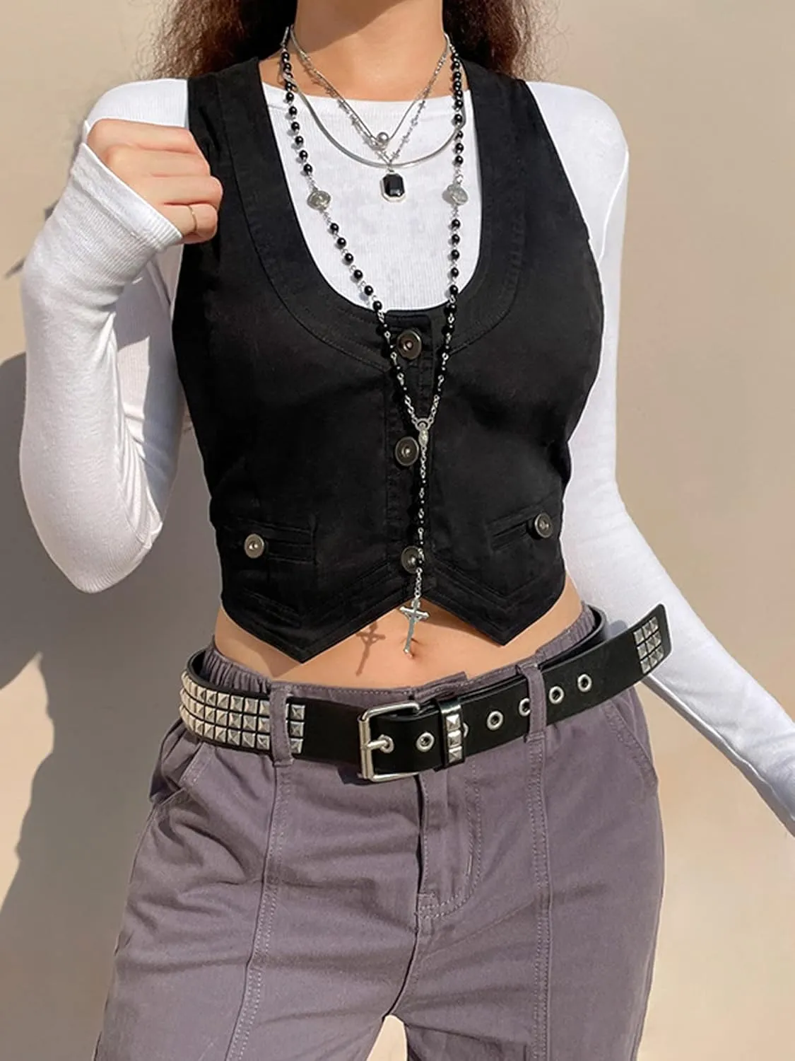 Women's Leather Sleeveless V Neck Single Breasted Vest Crop Blazer Coat Jacket