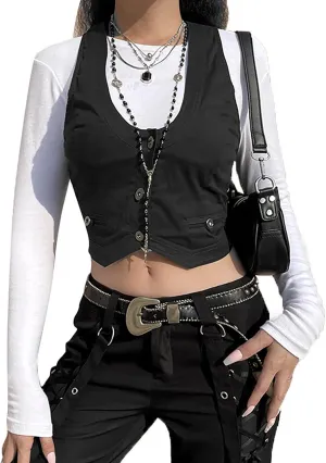 Women's Leather Sleeveless V Neck Single Breasted Vest Crop Blazer Coat Jacket