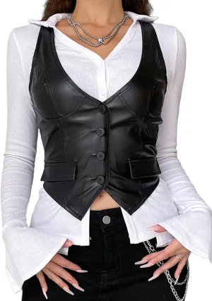 Women's Leather Sleeveless V Neck Single Breasted Vest Crop Blazer Coat Jacket