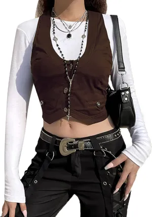 Women's Leather Sleeveless V Neck Single Breasted Vest Crop Blazer Coat Jacket