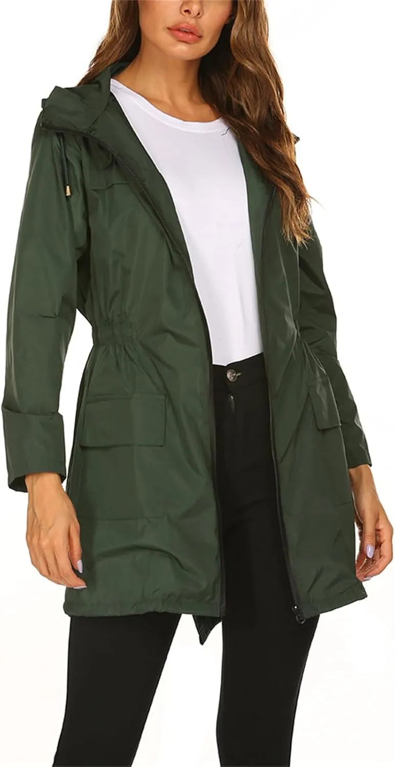 Women's Long Raincoat Waterproof Lightweight Tunic Trench Coat Activity Outdoor Windbreaker Hooded with Pockets