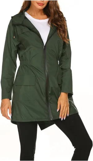 Women's Long Raincoat Waterproof Lightweight Tunic Trench Coat Activity Outdoor Windbreaker Hooded with Pockets