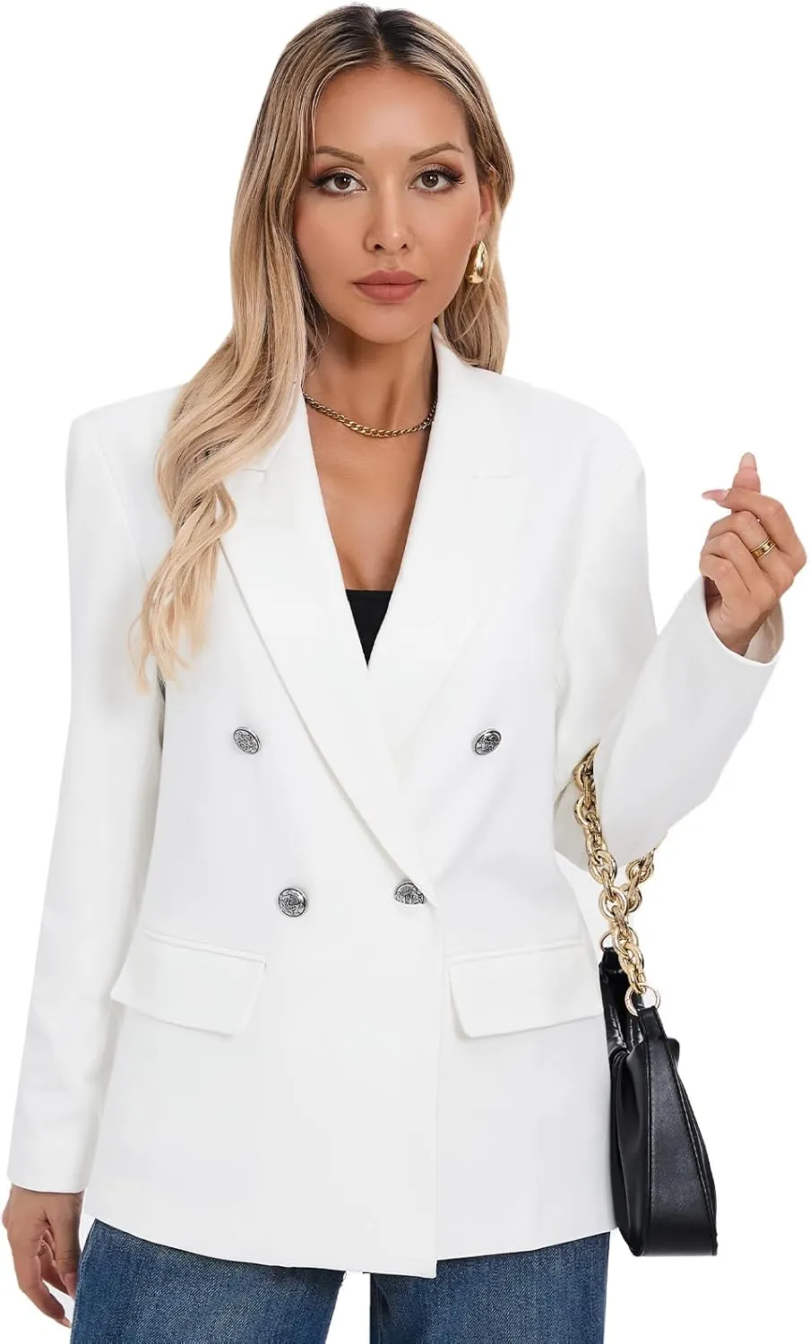 Women's Oversized Blazer Jacket Double-Breasted Suit with Pockets Long Sleeve Outfit for Business Work Office Casual