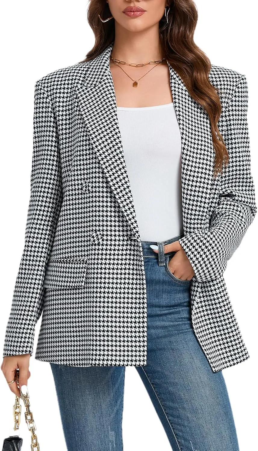 Women's Oversized Blazer Jacket Double-Breasted Suit with Pockets Long Sleeve Outfit for Business Work Office Casual