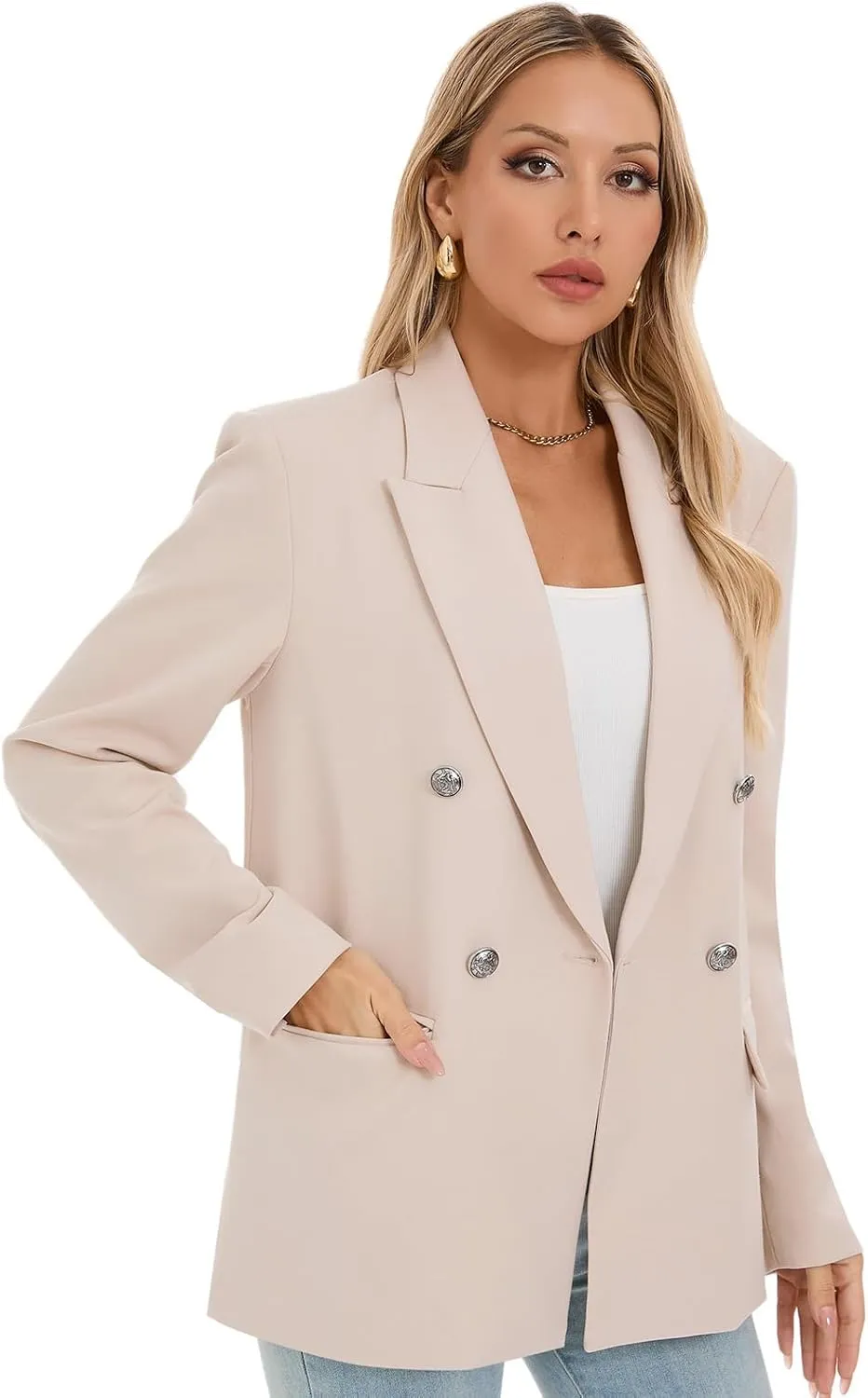 Women's Oversized Blazer Jacket Double-Breasted Suit with Pockets Long Sleeve Outfit for Business Work Office Casual