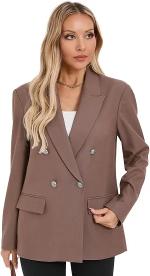 Women's Oversized Blazer Jacket Double-Breasted Suit with Pockets Long Sleeve Outfit for Business Work Office Casual