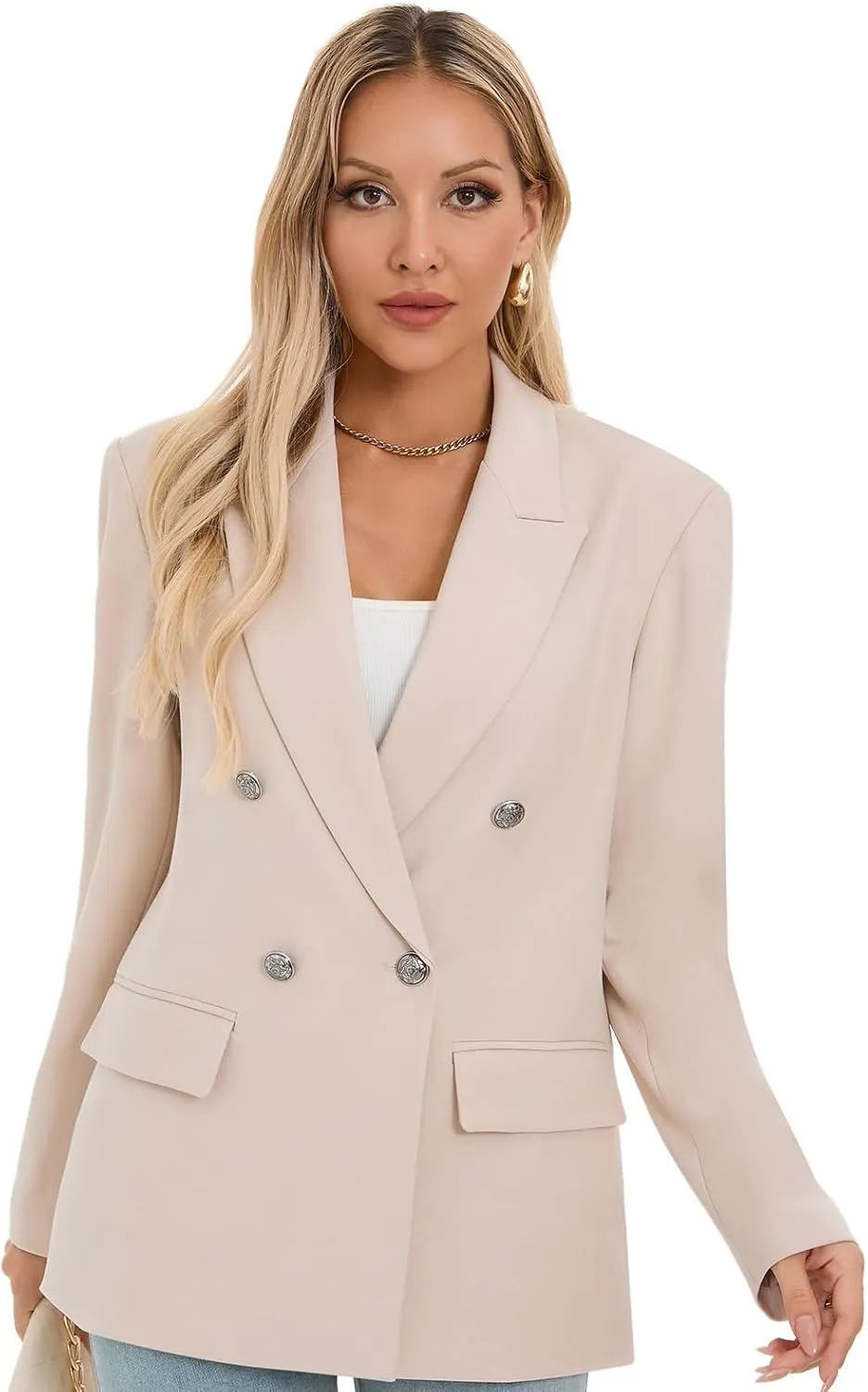 Women's Oversized Blazer Jacket Double-Breasted Suit with Pockets Long Sleeve Outfit for Business Work Office Casual
