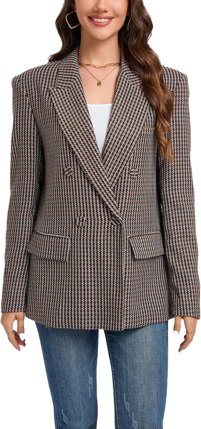 Women's Oversized Blazer Jacket Double-Breasted Suit with Pockets Long Sleeve Outfit for Business Work Office Casual